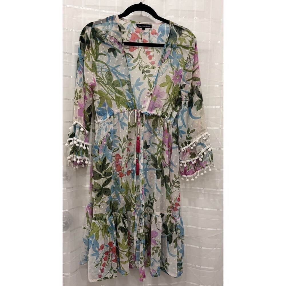 Club Z Collection Boho Floral Sheer Tunic Dress Pom Pom Trim Tassel Waist Size M - Picture 1 of 10